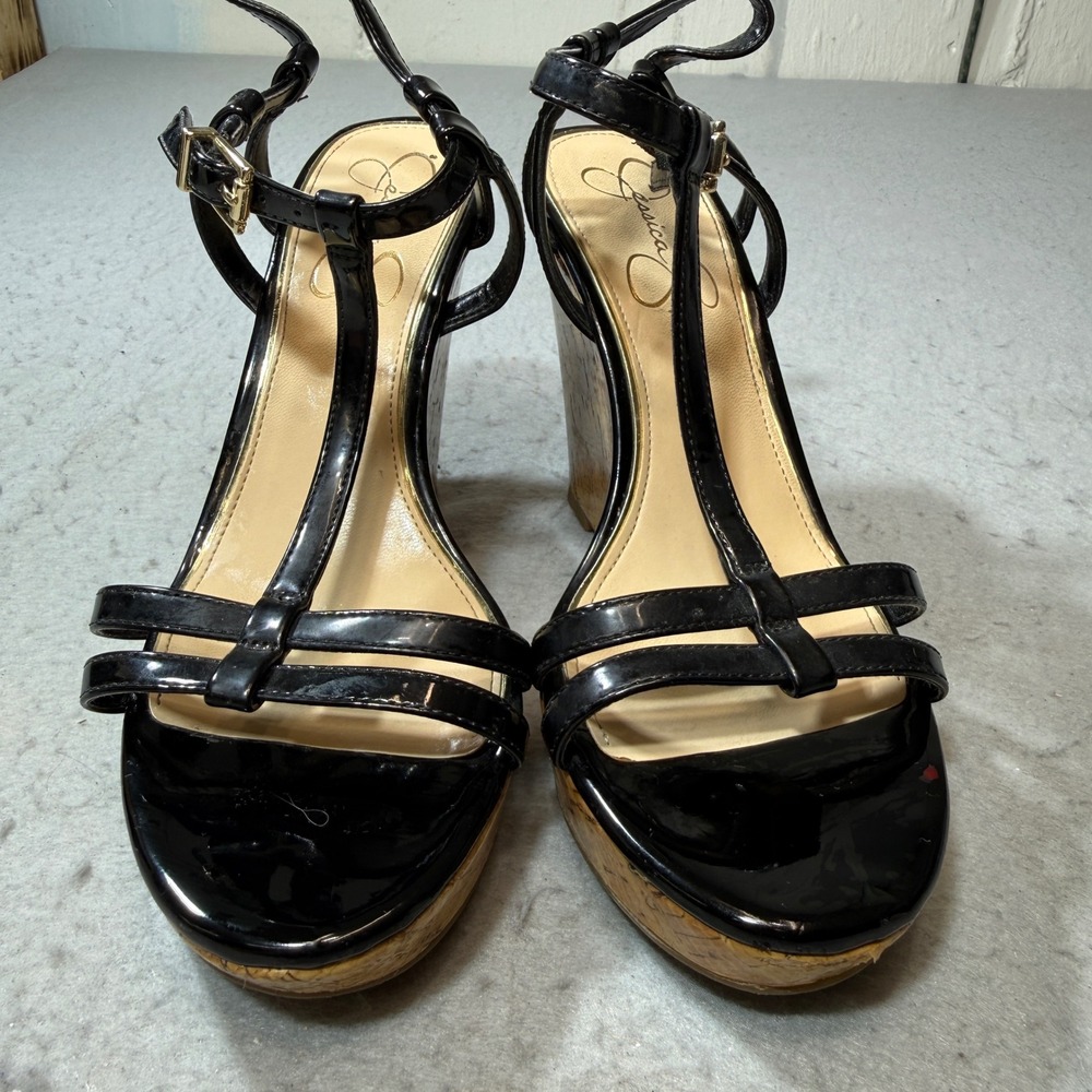 Jessica Simpson Wedge Sandals Womens 8.5 Black Patent T-Strap Cork Platform Heel